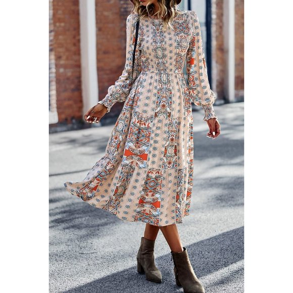 Patchwork Smocked Puff Sleeve Tiered Midi Dress - Picture 13 of 15